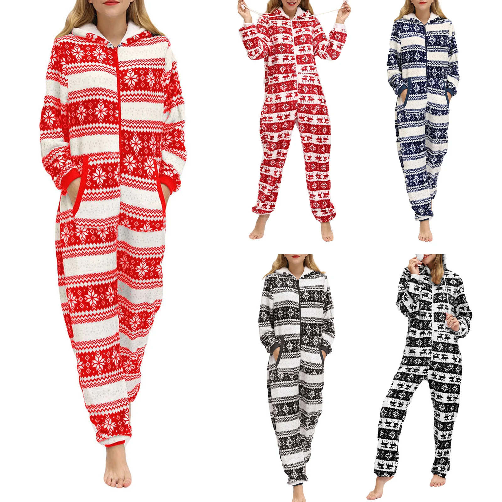 Christmas Nightwear Deer Snowflake Print Long Sleeve Hooded Jumpsuit with Zipper for Women
Christmas Nightwear Deer Snowflake Print Long Sleeve Hooded Jumpsuit with Zipper for Women