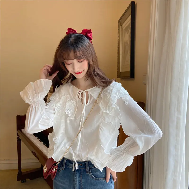 Alien Kitty White Fresh Sweet 2020 Lace Women Flare-sleeved Loose Shirt All-Match Lace-Up Feminine Gentle Office Lady Blouses | Женская