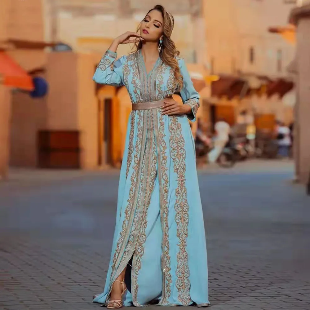 Muslim Sky Blue Gold Applique Lace Evening Dress Full Sleeves Formal Prom Dresses V Neck robes de soirée платье فساتين السهرة
Muslim Sky Blue Gold Applique Lace Evening Dress Full Sleeves Formal Prom Dresses V Neck robes de soirée платье فساتين السهرة