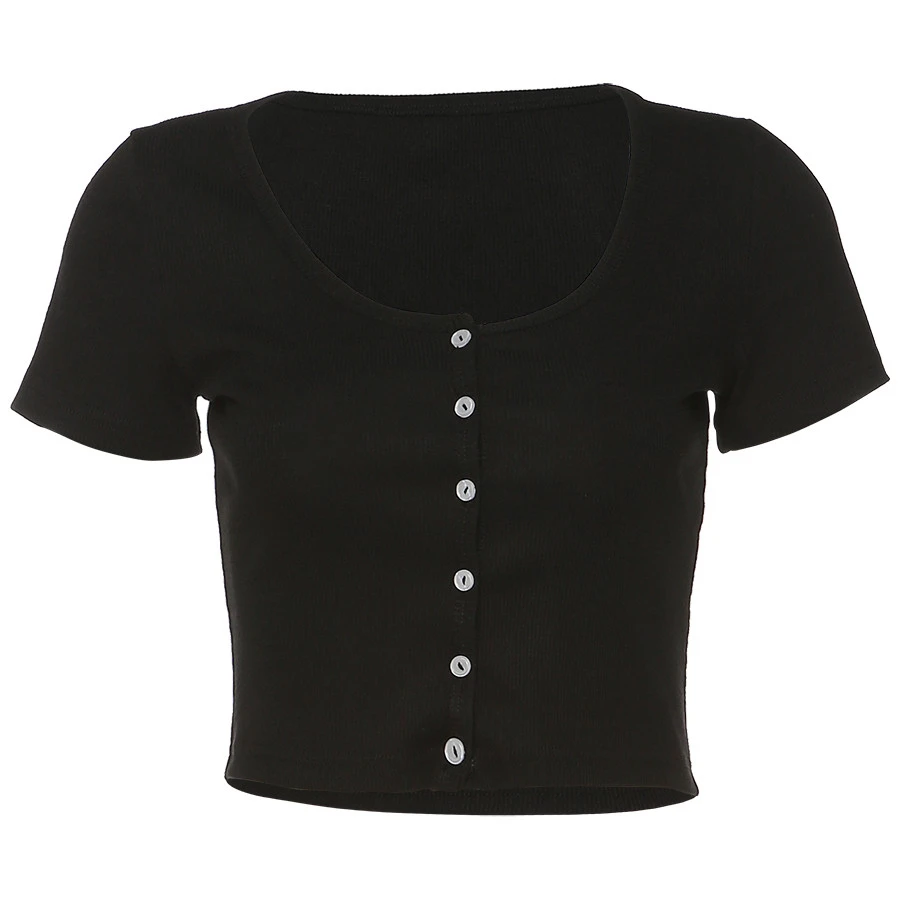 Women Spring Summer T-Shirt V Neck Short Sleeve Casual Crop Top Shirt Summer Solid Button Tee Shirt 2021 New 
Women Spring Summer T-Shirt V Neck Short Sleeve Casual Crop Top Shirt Summer Solid Button Tee Shirt 2021 New