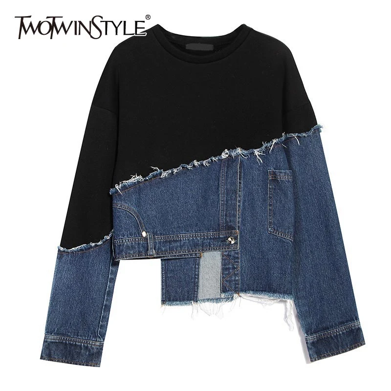 TWOTWINSTYLE Pacthwork джинсовая Асимметричная Толстовка для женщин с круглым вырезом и длинным рукавом, Свободные цветные толстовки для женщин, нови...
TWOTWINSTYLE Pacthwork джинсовая Асимметричная Толстовка для женщин с круглым вырезом и длинным рукавом, Свободные цветные толстовки для женщин, нови...