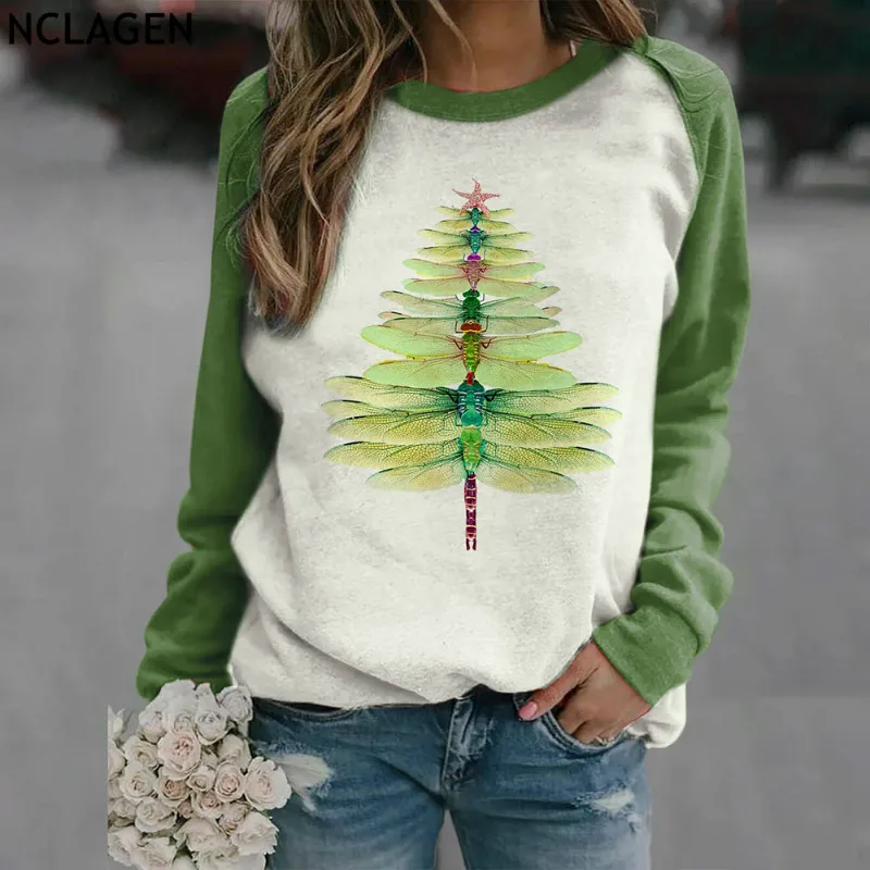 

Women Pullovers Top Fashion Dragonfly Christmas Tree Print Contrast Color Full Long Sleeve Harajuku Loose Casual Sweatshirt
