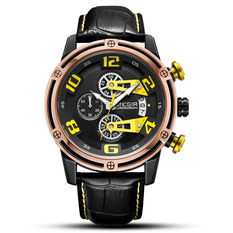 

MEGIR Chronograph Sport Watch Men Leather Strap Creative Quartz Watches Clock Men Military Wristwatch Reloj Hombre Montre Homme