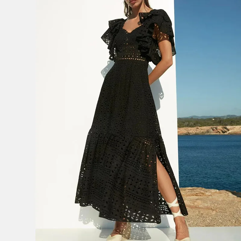 High Quality Women Lace Party Dress Flying Sleeves V Neck Elegant A line Split Lady Dresses Backless Hollow Out Gowns Real Photo
High Quality Women Lace Party Dress Flying Sleeves V Neck Elegant A line Split Lady Dresses Backless Hollow Out Gowns Real Photo