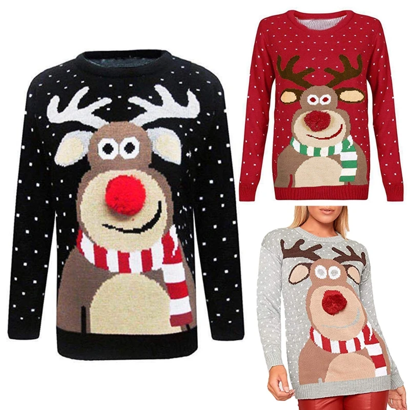 

Women Winter Christmas Long Sleeve Sweater Cute Reindeer Print 3D Nose Pom Pom Pullover Tops O-Neck Loose Holiday Jumper