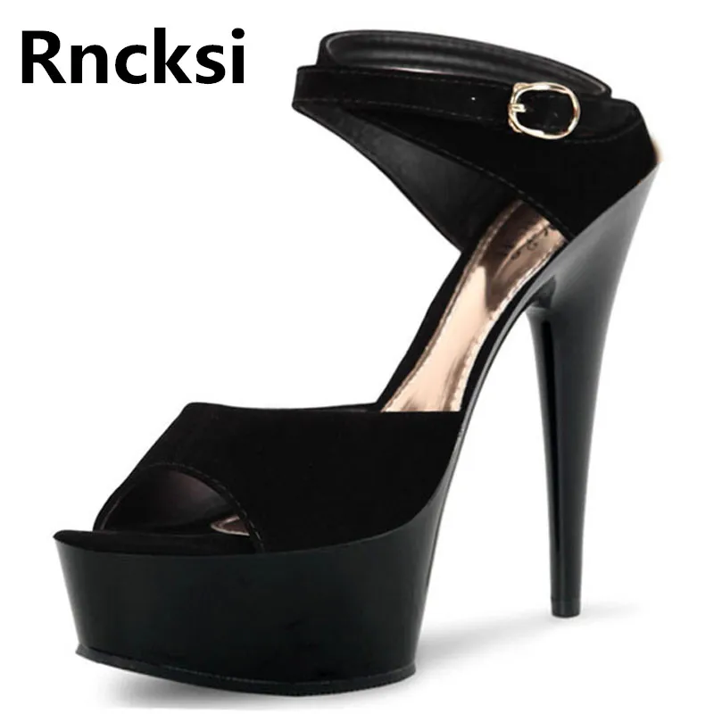 

Rncksi черные пикантные женские танцевальные туфли с открытым носком сандалии с ремешком на щиколотке для свадебной вечеринки сандалии на высоком каблуке 15 см туфли на платформе 5 см