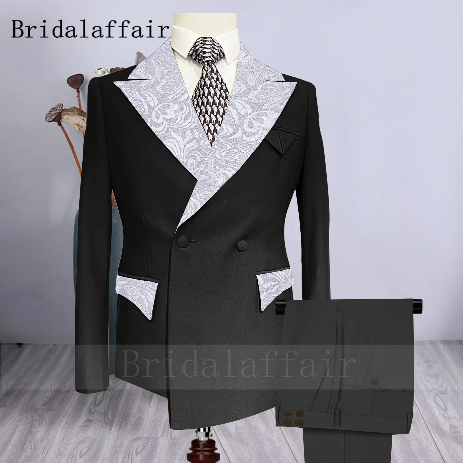 Мужские черные костюмы Bridalaffair с двубортным воротником для вечеринки и