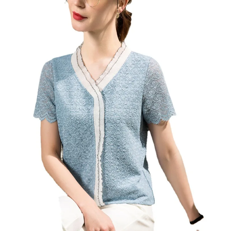 Women Spring Summer Style Lace Blouses Shirts Lady Casual Short Sleeve V-Neck Ruffles Decor Blusas Tops Clothes Big Szie AE0118 
Women Spring Summer Style Lace Blouses Shirts Lady Casual Short Sleeve V-Neck Ruffles Decor Blusas Tops Clothes Big Szie AE0118