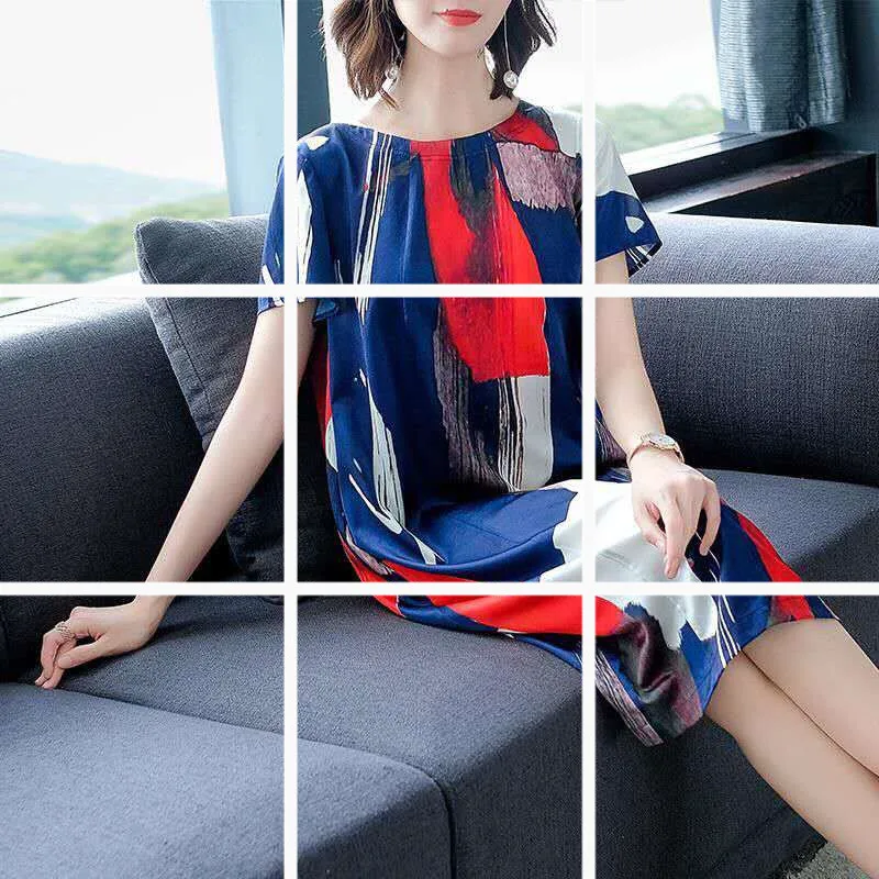 Summer New Korean Casual Round Neck Short Sleeve Dress Loose Waist Fashion Print Medium Length Dress
Summer New Korean Casual Round Neck Short Sleeve Dress Loose Waist Fashion Print Medium Length Dress