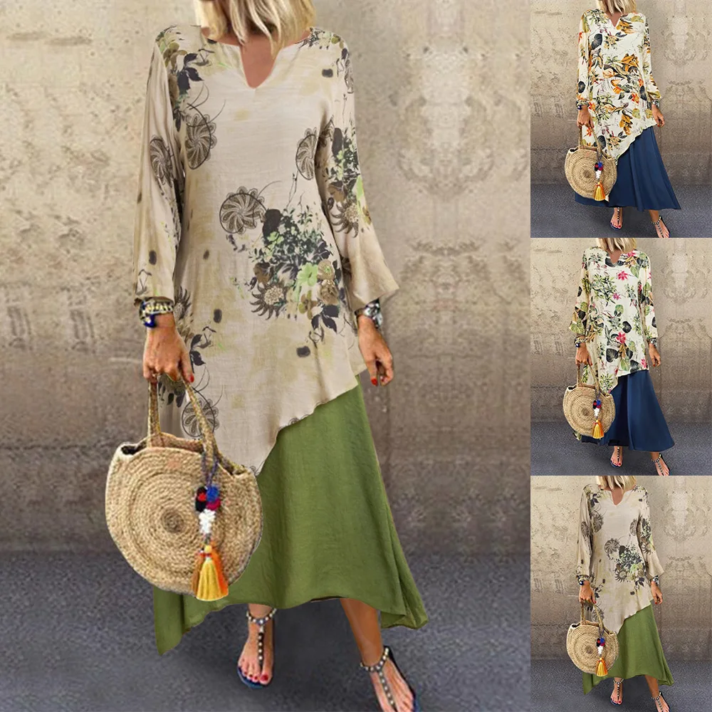 2021 spring and autumn new V-neck skirt loose casual large size fake two piece printed long sleeve dress for women summer woman
2021 spring and autumn new V-neck skirt loose casual large size fake two piece printed long sleeve dress for women summer woman