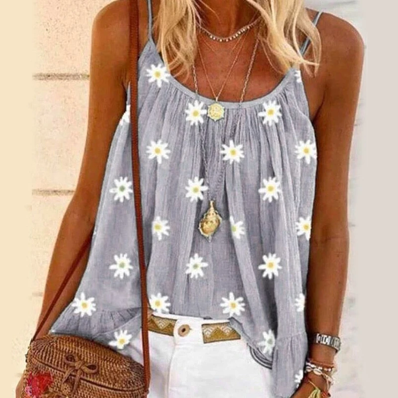 

Plus Size Fashion Women Daisy Print Sexy Strap Tops Loose Summer Camisole Women Casual Tank Tops Vest Sleeveless Female T-Shirt