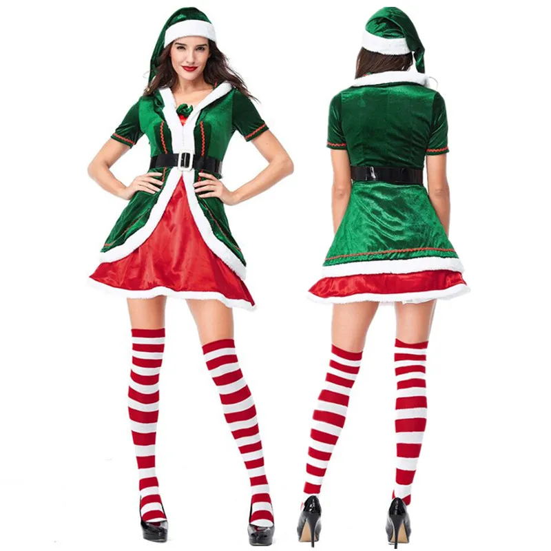 

Зеленый эльф, Рождественский костюм, праздничный Санта-Клаус для взрослых, Женская Новогодняя одежда, нарядное платье, платье для рождевече...
