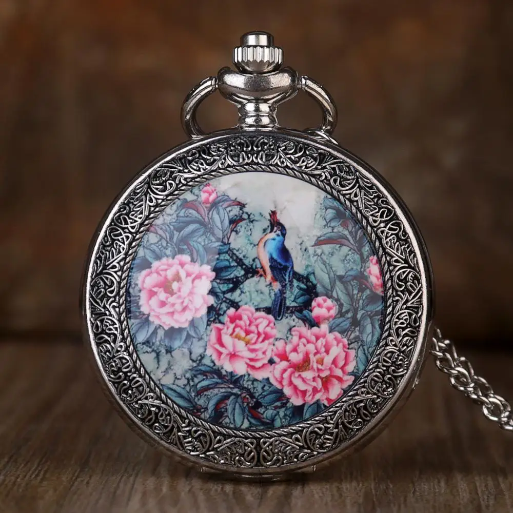 

Antique Quartz Fob Pocket Watches Vivid Bird On the Tree with Exquisite Flowers patterns Necklace Pendant Pocket Watch Gift men