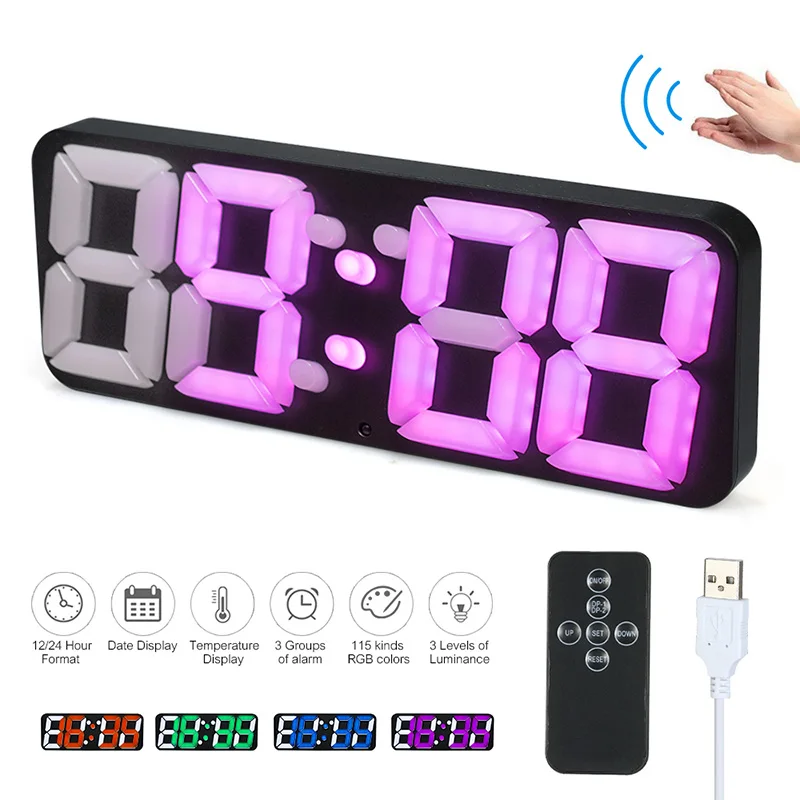 

115 Colors 3D Wireless Digital Alarm Clock USB LED Alarm Clock Thermometer Sound Control 3 Level Brightness Wall/Desktop Clock
