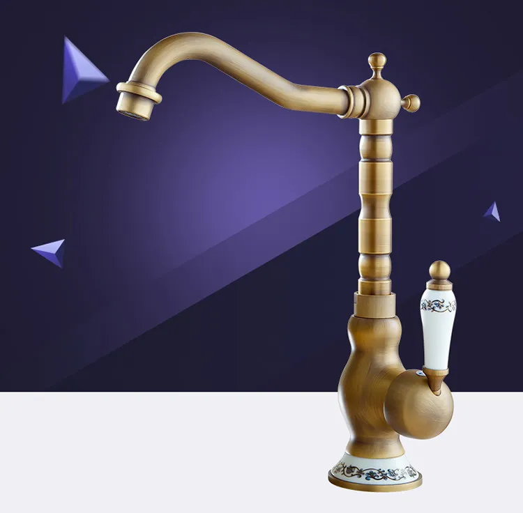 

Antique Brass Kitchen Sink Faucet Washbasin Faucets Ceramic Lever Cold & Hot Water Mixer Bathroom Taps Deck Mounted Lnf510