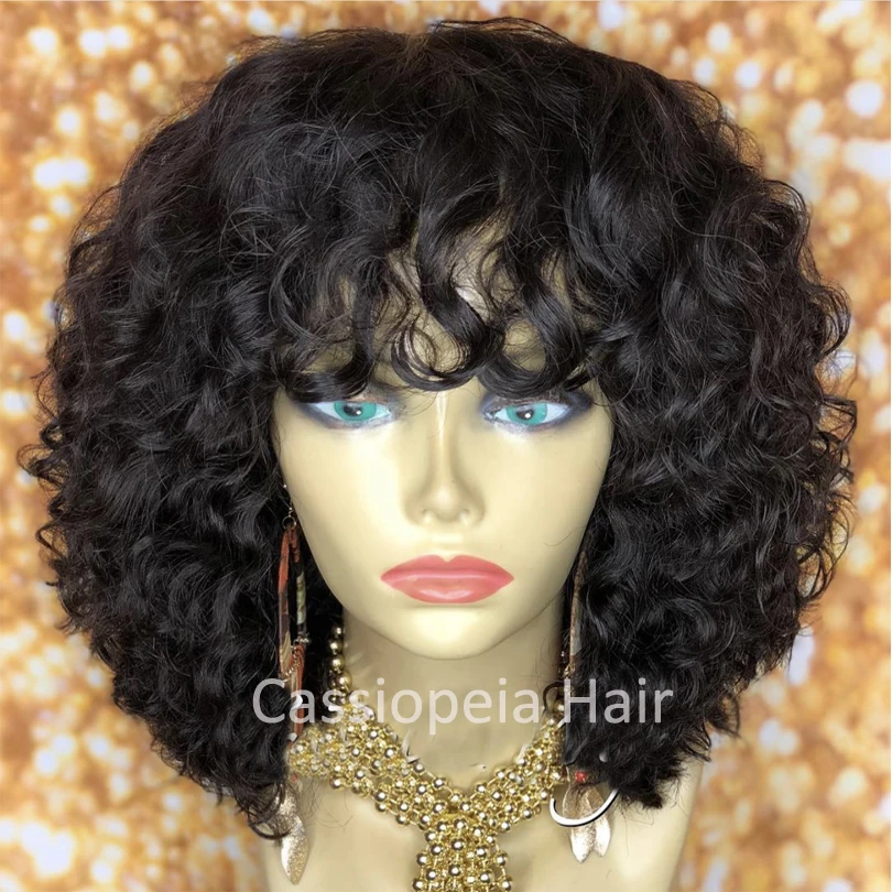 14&quot180% Density Loose Curly Human Hair Wigs with Bangs Brazilian Silk Base Scalp Top Full Machine Made Wig | Шиньоны и парики