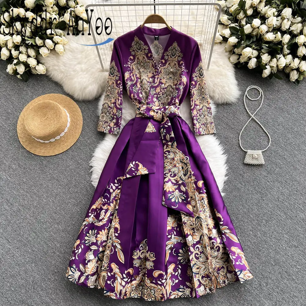 Autumn Winter Women Party Dresses Luxury Chic V-Neck Vintage Printed Elegant Ladies Party Night Dress Lace-Up Bandage Long Dress 
Autumn Winter Women Party Dresses Luxury Chic V-Neck Vintage Printed Elegant Ladies Party Night Dress Lace-Up Bandage Long Dress