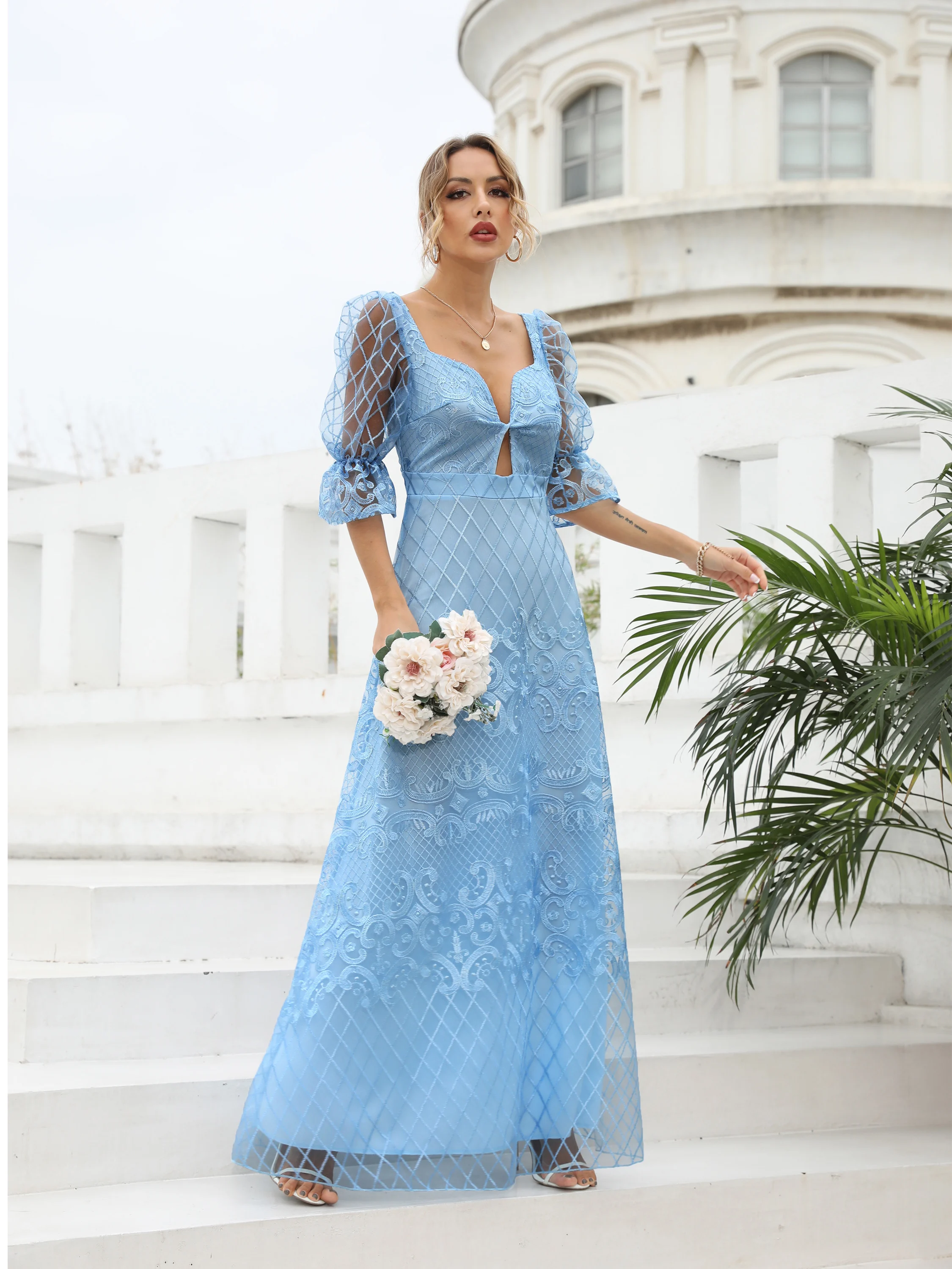 Simple Blue Backless Lace Wedding Party Bridesmaid Gown V Neck Cut Out Evening Dress Lady Long Slim Prom Vestido Homecoming Robe
Simple Blue Backless Lace Wedding Party Bridesmaid Gown V Neck Cut Out Evening Dress Lady Long Slim Prom Vestido Homecoming Robe