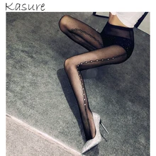 Women Sexy Fishnet Tights With Crystal Stone Transparent Thin Pantyhose Side Line Patterned High Elastic Tights For Women