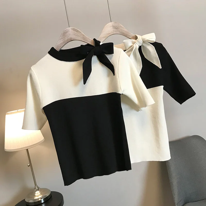 Korean ice silk short-sleeved women's spring and summer thin knit sweater contrast color bow tie bottoming fashion top
Korean ice silk short-sleeved women's spring and summer thin knit sweater contrast color bow tie bottoming fashion top