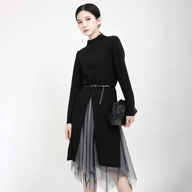 CHICEVER Irregular Patchwork Two Piece Set Women Turtleneck Knitted Split Sweater Mesh Asymmetrical Skirt Female Suits 2020 New | Женская