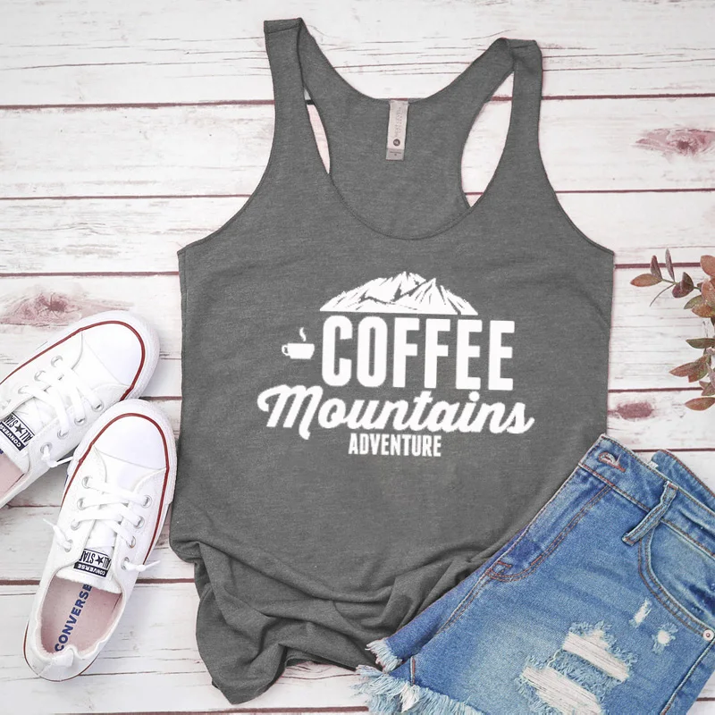 Vest Coffee Mountains Adventure Tank Tops Stylish Slogan Letter Printed Racerback Camping Grunge Undershirt | Женская одежда