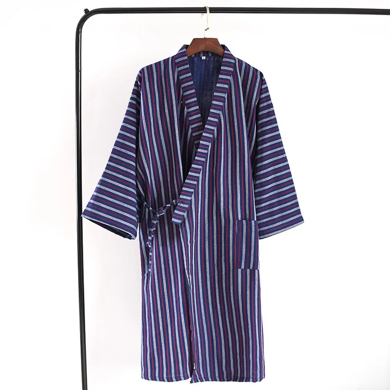 

Kimono Nightgown Japanese Cotton Gauze Pajamas Sets Thin Yukata New Vertical Stripes Men's Cardigan Robes Causal Loose Nightgown