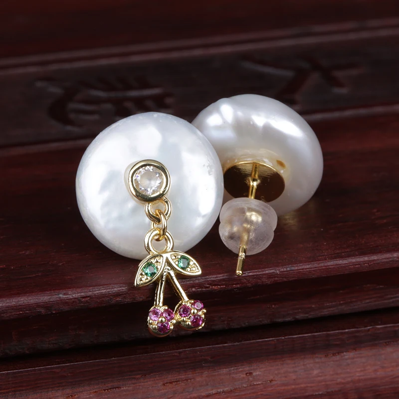 

Colorful White Wine Cz Tiny Double Cherry Branch Hang Out Charms Natural Coin Freshwater Pearl Bead Charm Unisex Stud Earring