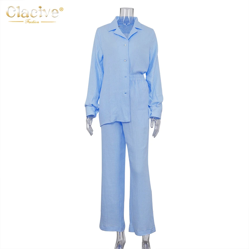 Clacive Blue Casual Women Sets Fashion Lapel Long Sleeve Blouse Mathing High Wasit Pants Set Elegant Wide Leg Pant 2 Peice Set
Clacive Blue Casual Women Sets Fashion Lapel Long Sleeve Blouse Mathing High Wasit Pants Set Elegant Wide Leg Pant 2 Peice Set