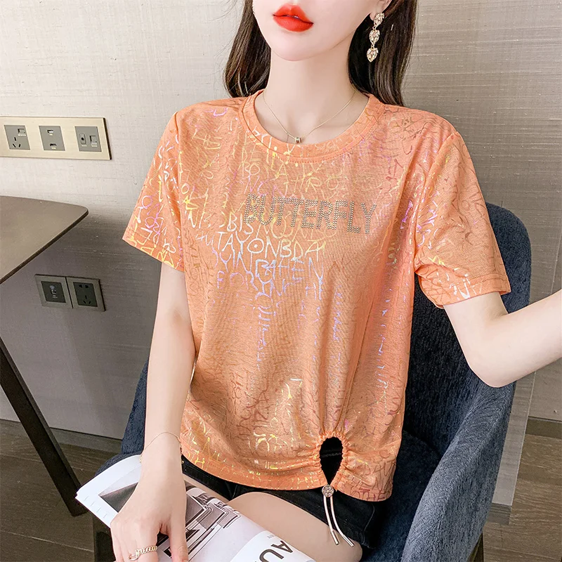 2021 Summer Women's Top Casual Cotton Loose O-Neck Drawstring Slim Short Sleeve Tee Shirt Ladies Bronzing Letter Print T Shirt
2021 Summer Women's Top Casual Cotton Loose O-Neck Drawstring Slim Short Sleeve Tee Shirt Ladies Bronzing Letter Print T Shirt