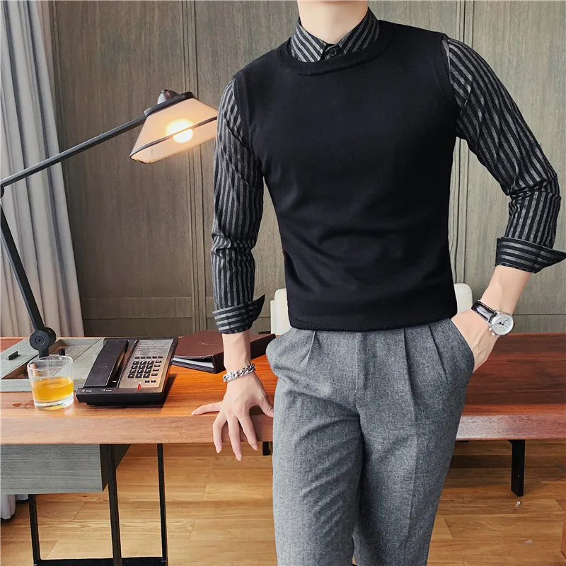 High Quality Fake-2pieces Sweater Men Clothing All Match Striped Long Sleeve Pullovers Male Shirt Collar Knitted Pull Homme 4XL
High Quality Fake-2pieces Sweater Men Clothing All Match Striped Long Sleeve Pullovers Male Shirt Collar Knitted Pull Homme 4XL