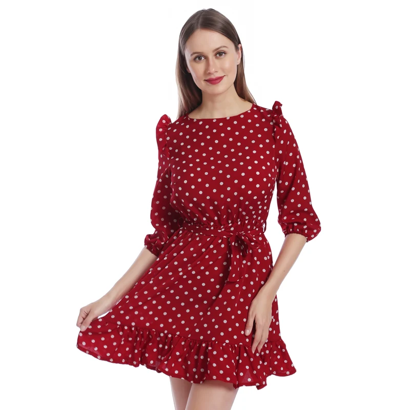 Fashion Ruffle Trim Sashes Women Summer Dress 3/4 Sleeves Round Neck Dot Print Casual Dress Girls Sweet Cute A Line Mini Dresses
Fashion Ruffle Trim Sashes Women Summer Dress 3/4 Sleeves Round Neck Dot Print Casual Dress Girls Sweet Cute A Line Mini Dresses