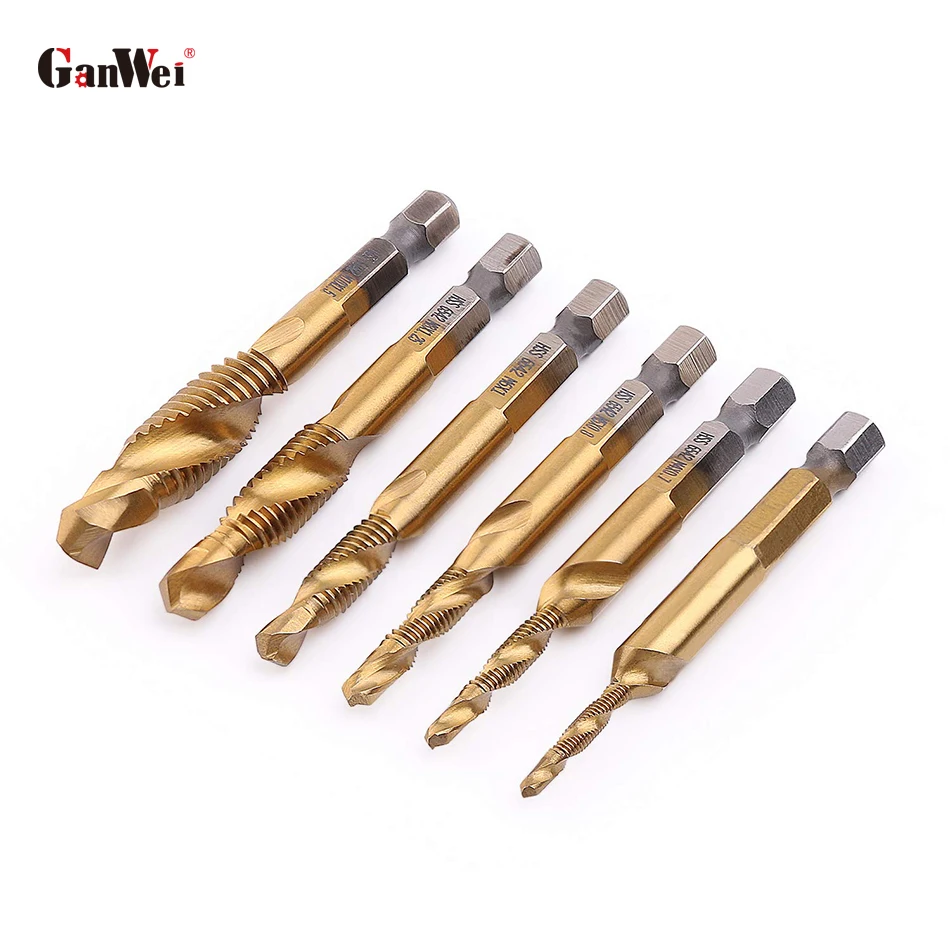 GanWei M3-M10 6 Pack HSS Hex Shank Titanium Combination Drill Tap Bits Set Metric Drill and Tap Set Screw Tapping bit Tool
GanWei M3-M10 6 Pack HSS Hex Shank Titanium Combination Drill Tap Bits Set Metric Drill and Tap Set Screw Tapping bit Tool