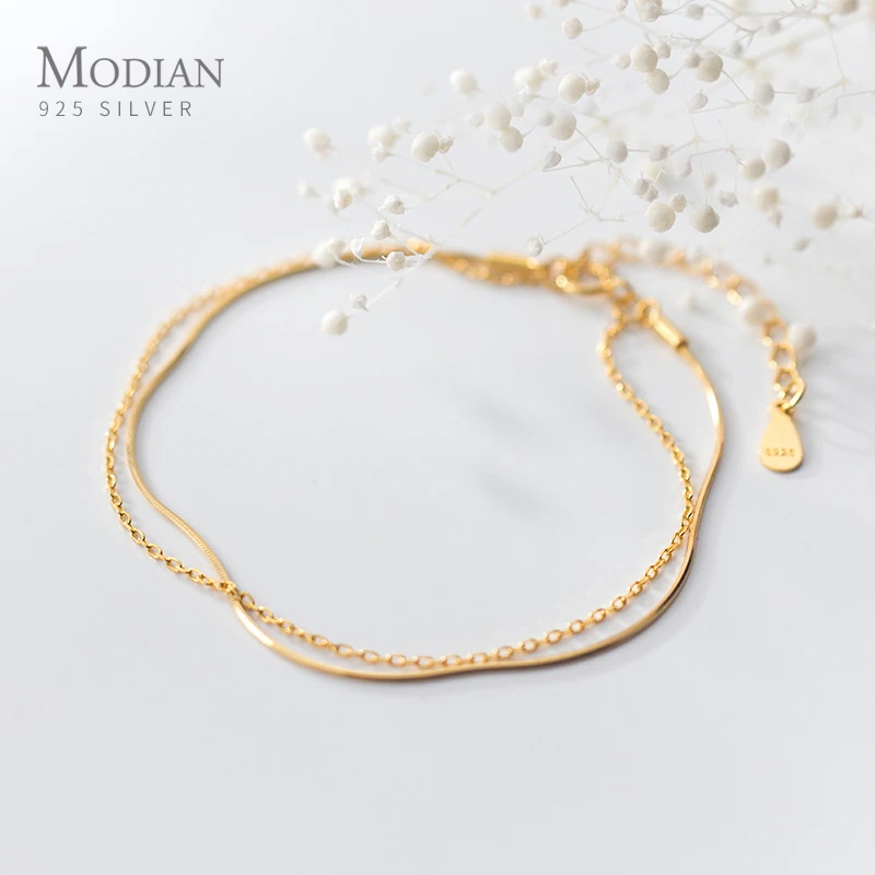 Modian новый 925 Стерлинговое Серебро Золото Цвет двойной Слои голая браслет цепочка