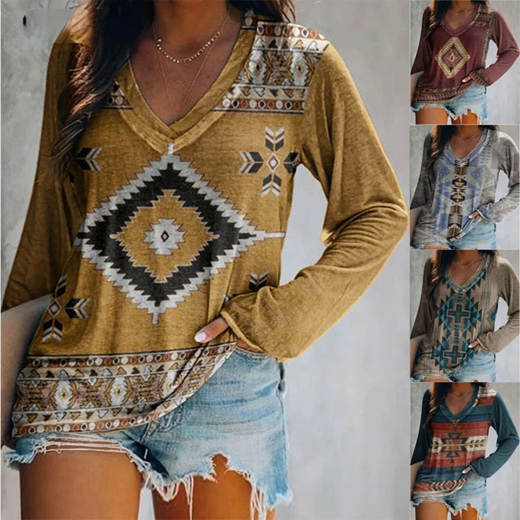 Women's Spring and Autumn Vintage T-shirt Female Lady Casual Long Sleeve V-neck Large Size Print Tops new style fashion
Women's Spring and Autumn Vintage T-shirt Female Lady Casual Long Sleeve V-neck Large Size Print Tops new style fashion