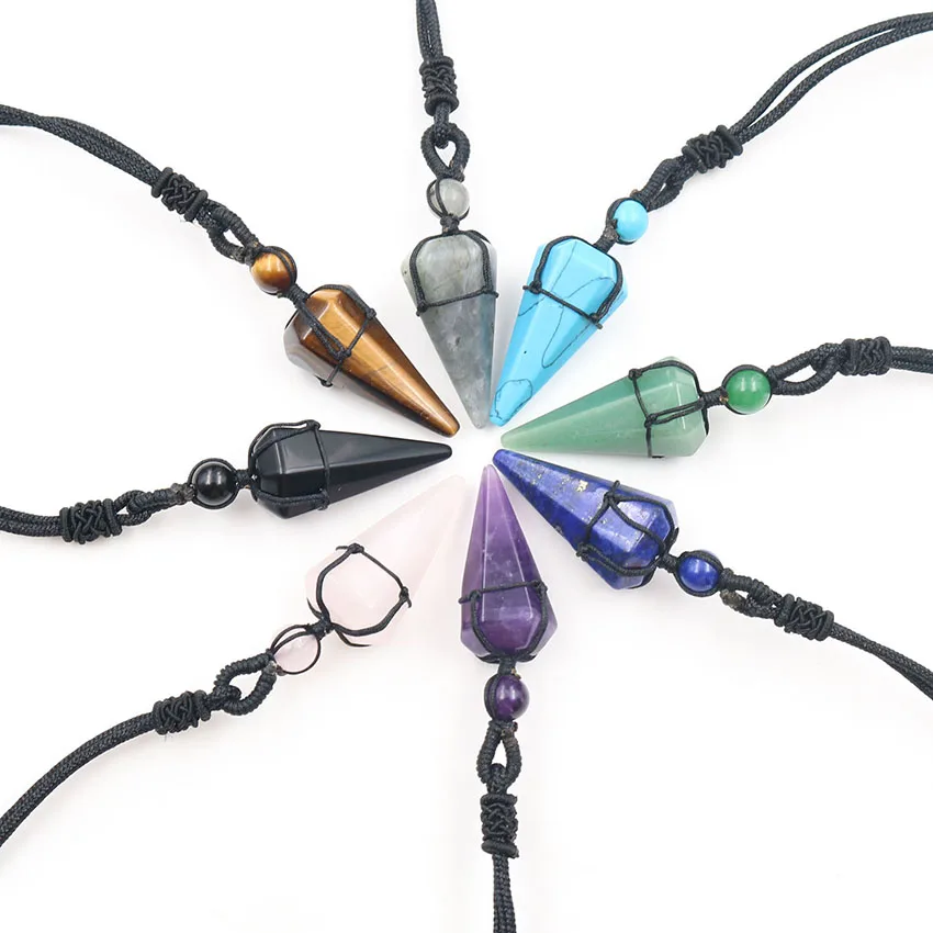 

XSM Hexagon Cone Crystal Pendant Black Rope Wrapped Necklaces Natural Stone Amethysts Quartzs Agates Jewelry for Men Women 1 Pc