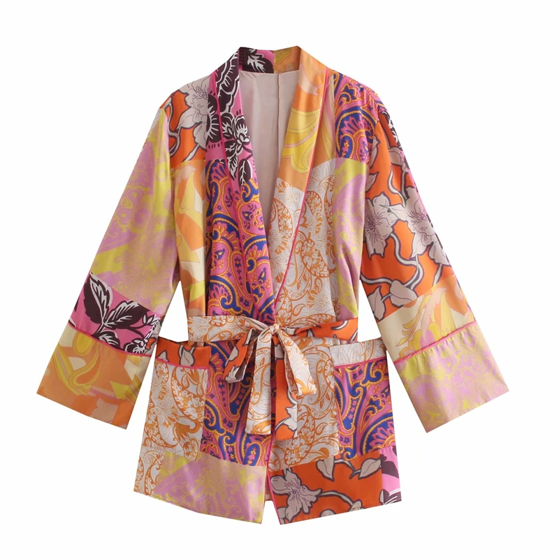 

Женская мода с поясом накидка кимоно блузки винтажные карманы пояс с длинным рукавом Женские рубашки шикарные TopsCA013