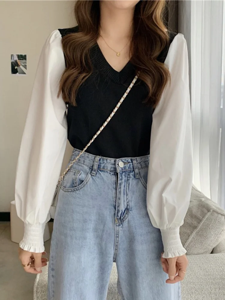 2021 Spring and Autumn New Korean Loose and Versatile Shirt Women's Design Sense of Minority V-neck Knit Stitched Bubble Long
2021 Spring and Autumn New Korean Loose and Versatile Shirt Women's Design Sense of Minority V-neck Knit Stitched Bubble Long