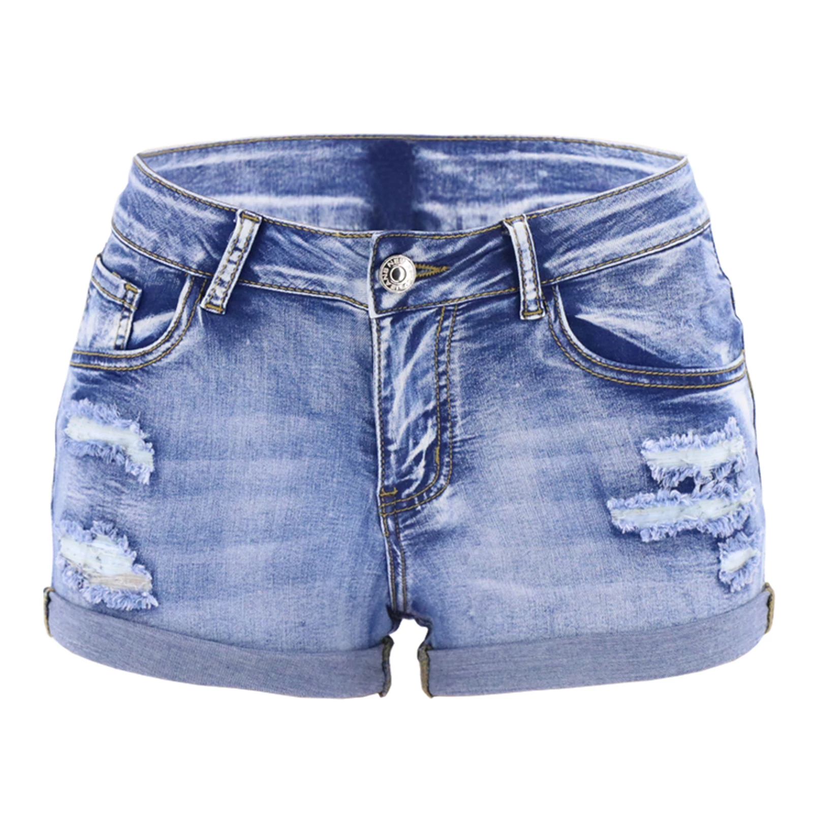 

Women\u2019s Ripped Denim Shorts, Casual Mid Waist Rolled Cuff Distressed Stretchy Short Jeans