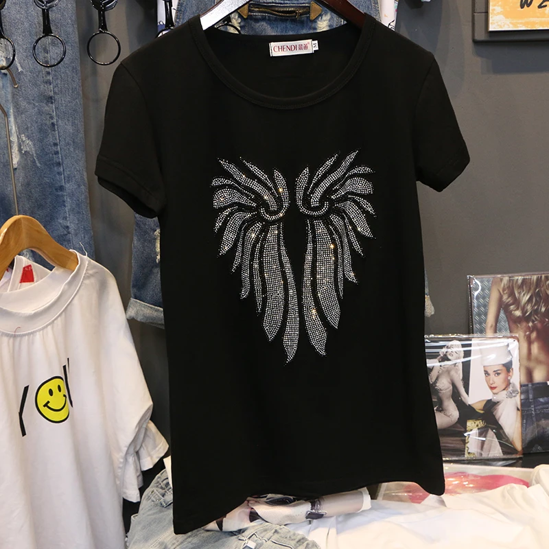 Women's Short Sleeve Drilling T-shirt 2020 Summer Punk Black Diamond Tops Tees Plus Size T Shirts Casual Harajuku T-shirts T021
Women's Short Sleeve Drilling T-shirt 2020 Summer Punk Black Diamond Tops Tees Plus Size T Shirts Casual Harajuku T-shirts T021