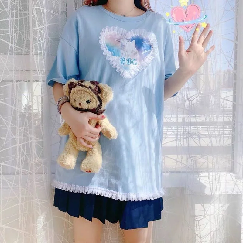 Kawaii Heart Patchwork Graphic T Shirts Women Lace Camisetas De Mujer Japanese Style Top Female MINGLIUSILI Blue Tee Shirt Femme
Kawaii Heart Patchwork Graphic T Shirts Women Lace Camisetas De Mujer Japanese Style Top Female MINGLIUSILI Blue Tee Shirt Femme