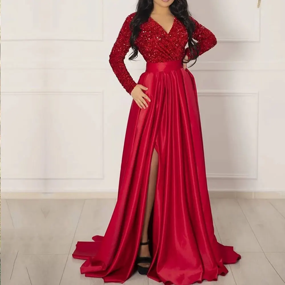 Red Party Gowns A-line V-Neck Sweep/Brush Beading Paillette / Sequin long-sleeved Front/Side Slit Draped Evening Dresses 2021
Red Party Gowns A-line V-Neck Sweep/Brush Beading Paillette / Sequin long-sleeved Front/Side Slit Draped Evening Dresses 2021