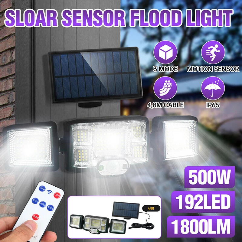 Solar Powered Motion Sensor Flood Light 3 Heads 192 LED Split Wall Lamp Security Remote Control Outdoor Lighting
Solar Powered Motion Sensor Flood Light 3 Heads 192 LED Split Wall Lamp Security Remote Control Outdoor Lighting