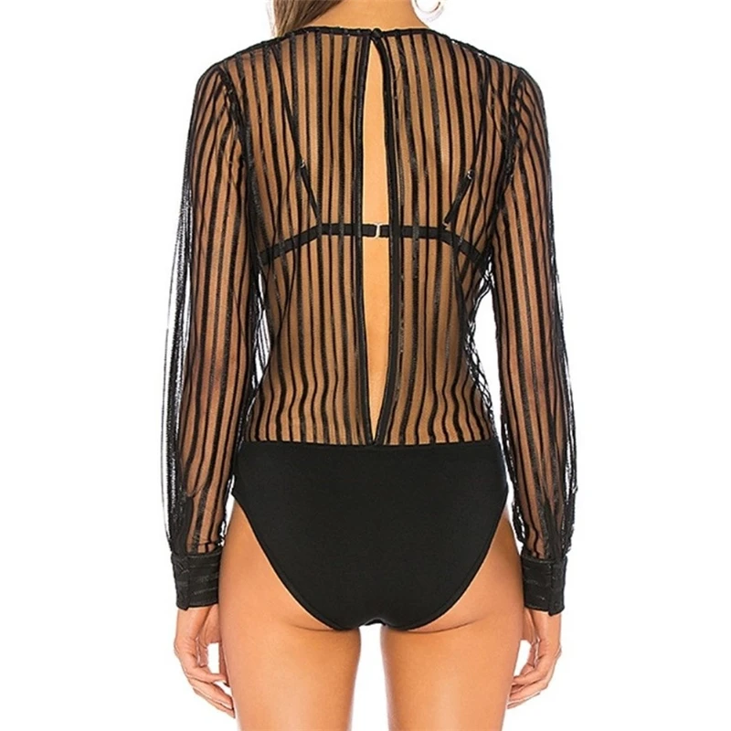Black Bodycon Bodysuit Women Long Sleeve V Neck Bodysuit See Through backless Romper Ladies Vintage Stripe Mesh Bodysuits 2020
Black Bodycon Bodysuit Women Long Sleeve V Neck Bodysuit See Through backless Romper Ladies Vintage Stripe Mesh Bodysuits 2020