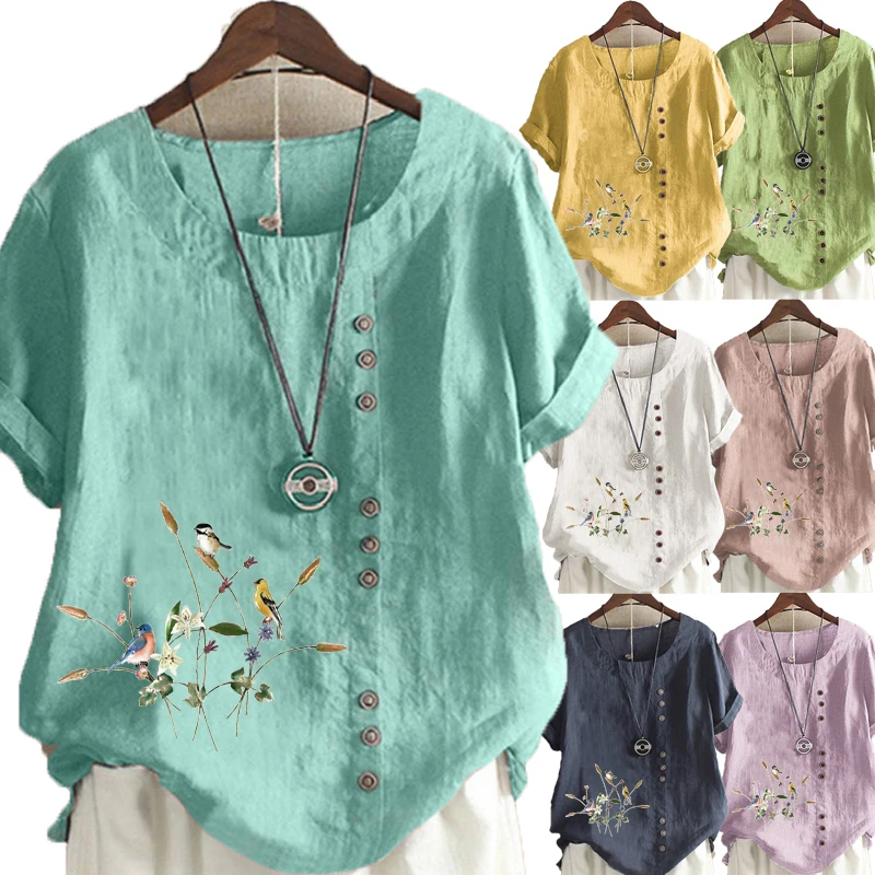 Women's Summer New Fashion Casual Linen Shirt Round Neck Printing T-shirt Short Sleeve Tops Loose Blouse S-5XL
Women's Summer New Fashion Casual Linen Shirt Round Neck Printing T-shirt Short Sleeve Tops Loose Blouse S-5XL