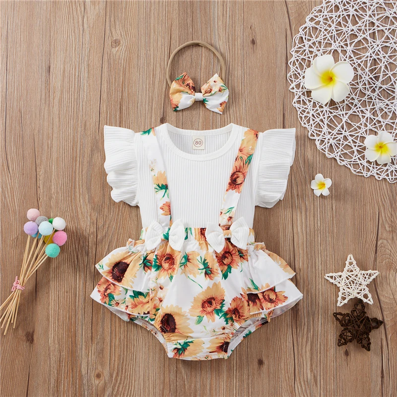 Summer Toddler Baby Ribbed Ruffle Short Sleeve Bodysuit + Sunflower Print Suspender Shorts + Bow Headband 3PCS Set Clothing
Summer Toddler Baby Ribbed Ruffle Short Sleeve Bodysuit + Sunflower Print Suspender Shorts + Bow Headband 3PCS Set Clothing