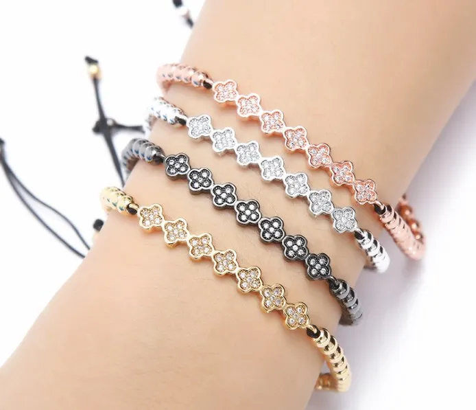 

gold silver micro pave cz Cubic Zirconia rope adjusted Copper Beads Bracelet fg2 clover Charm Braided Bangles Women