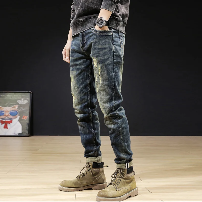 Italian Style Fashion Men Jeans High Quality Retro Dark Blue Elastic Cotton Ripped Denim Trousers Vintage Designer Long Pants
Italian Style Fashion Men Jeans High Quality Retro Dark Blue Elastic Cotton Ripped Denim Trousers Vintage Designer Long Pants