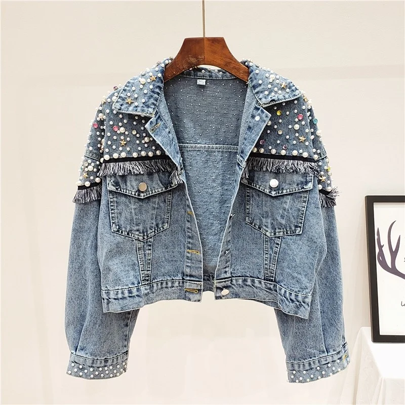Harajuku Women Denim Jacket Luxury Rivet Tassel Pearl Diamond Long Sleeve Tops Outerwear Spring Autumn Loose Fit Casual Jackets
Harajuku Women Denim Jacket Luxury Rivet Tassel Pearl Diamond Long Sleeve Tops Outerwear Spring Autumn Loose Fit Casual Jackets
