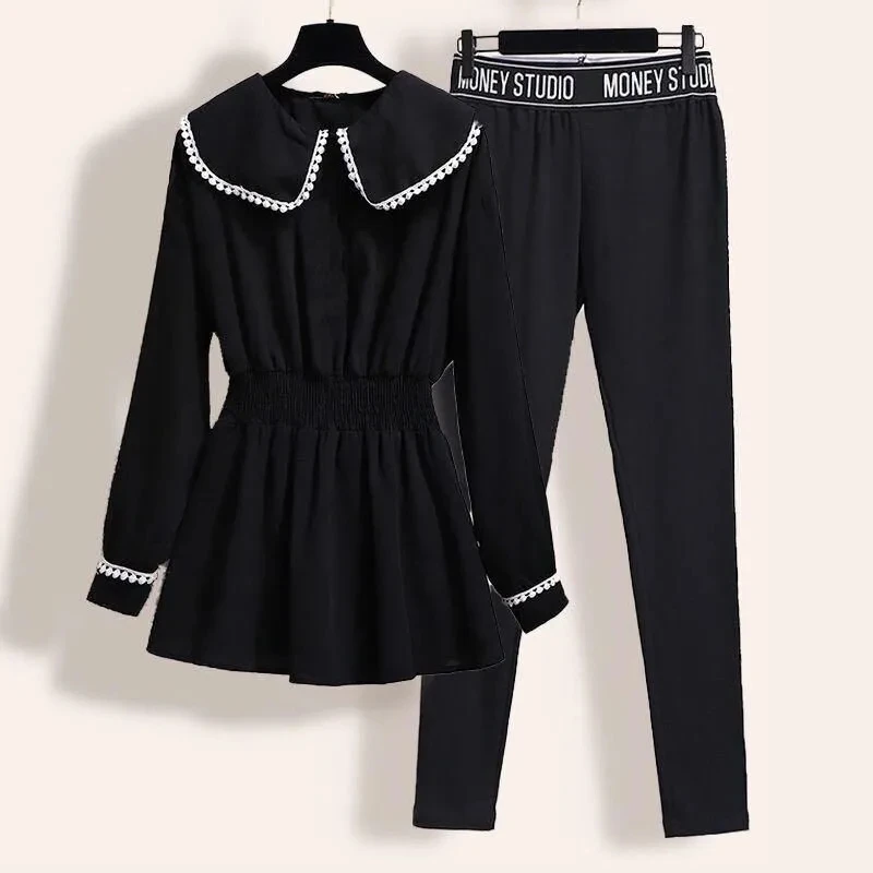 Black Plus Size 2 Piece Set Women Outfit Spring Korean Long Sleeve Elastic Waist Peter Pan Collar Slim Blouse + Pencil Pant Suit
Black Plus Size 2 Piece Set Women Outfit Spring Korean Long Sleeve Elastic Waist Peter Pan Collar Slim Blouse + Pencil Pant Suit